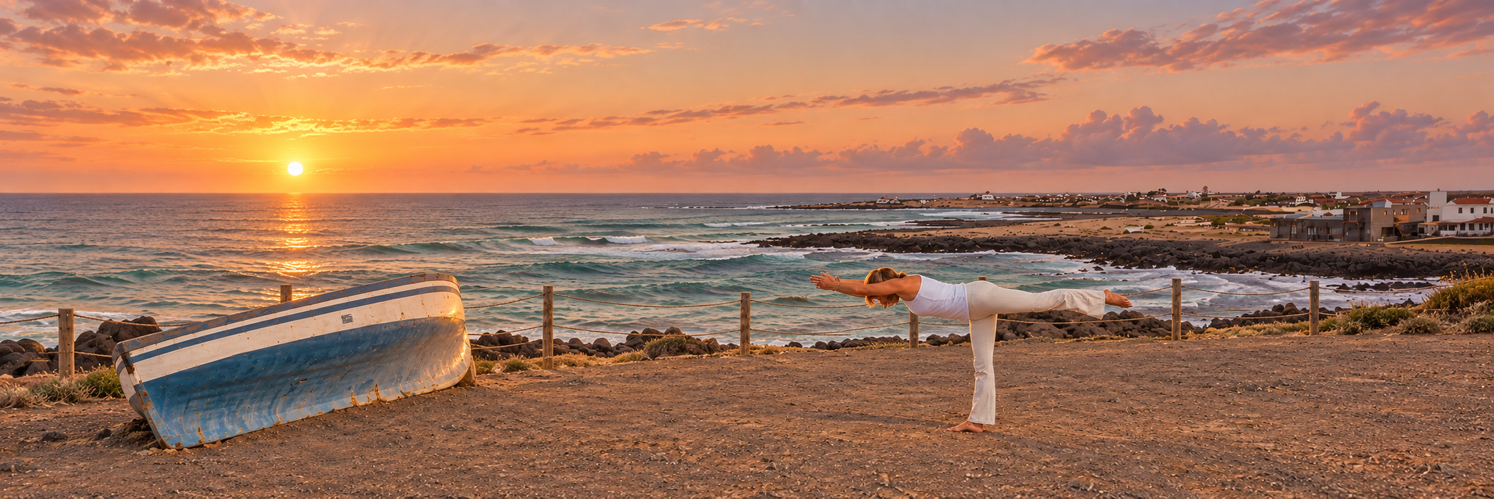 Nathalie en posture de Hatha Yoga face à l’océan au coucher du soleil